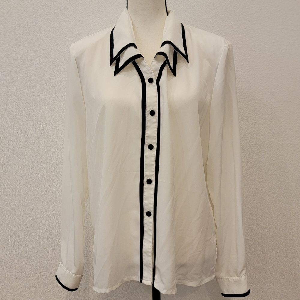 Kathy Che White Blouse with Black Trim